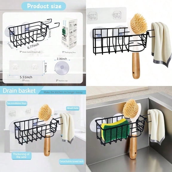 Sponge Holder with Dish Cloth Hanger for Kitchen Sink In-sink Caddy Organizer with Suction Cups Adhesive Strips Rustproof Sponge Rack for Soap Brush Scrubber - Black