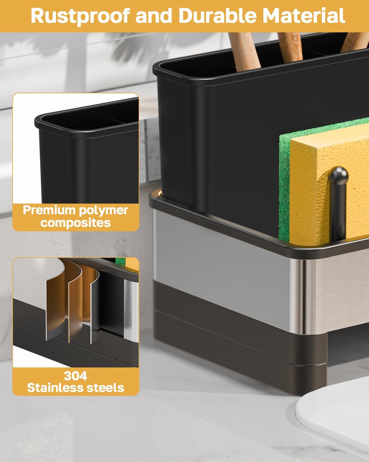 Large Capacity Kitchen Sink Caddy Organizer, Rustproof Non-Slip Sponge Holder