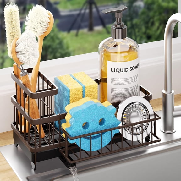 Sponge Holder for Kitchen Sink - Auto Draining Sink Caddy Organizer with Detachable Rack, High Brush Holder, Kitchen Countertop Storage Accessories, Bronze