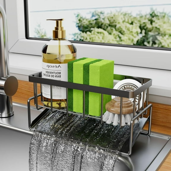 Sponge Holder for Kitchen Sink Caddy for Countertop, Rustproof Kitchen Sink Organizers and Storage Dish Soap Dispenser Home Gadgets Essentials Organization Accessories, Black