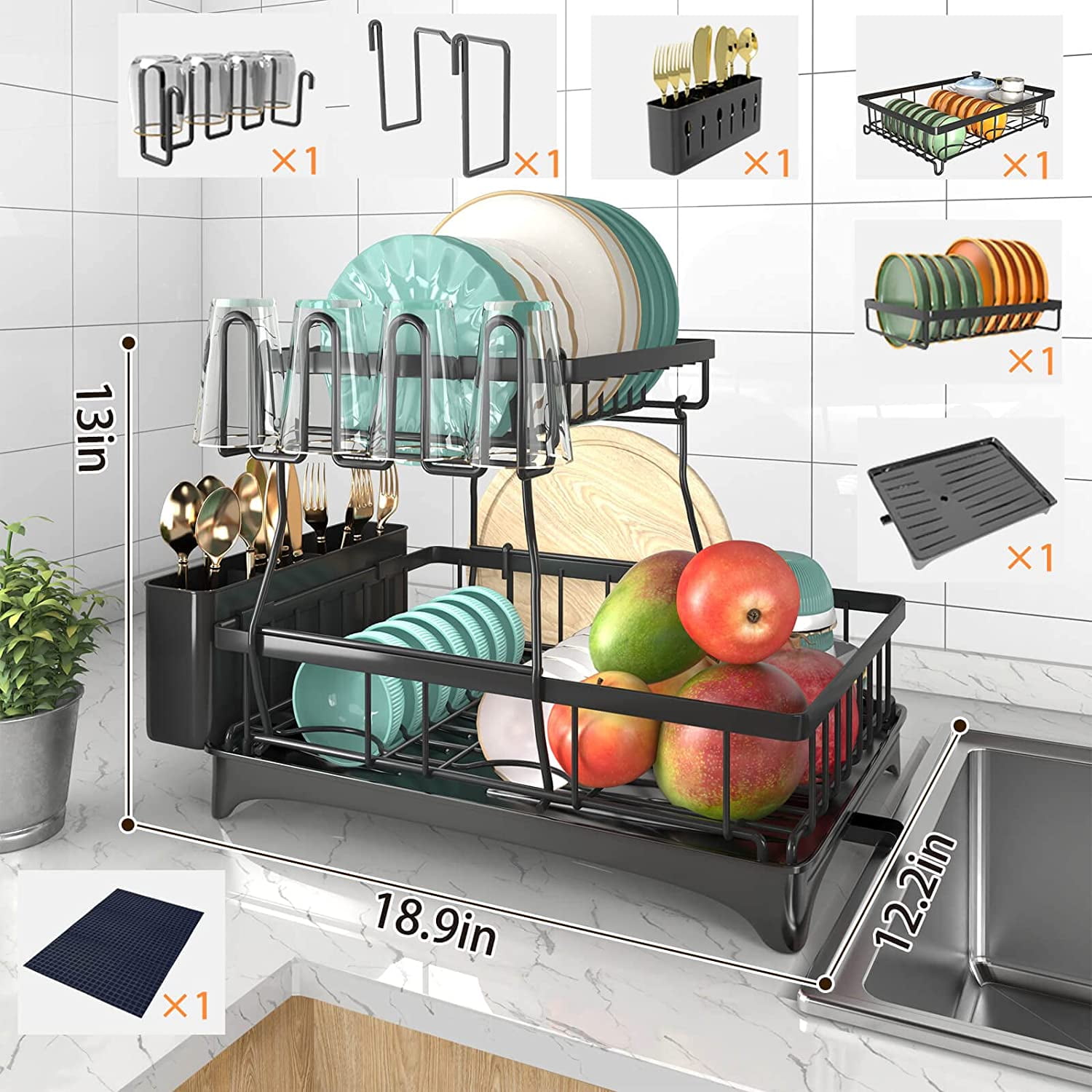 Sponge Holder for Kitchen Sink, Dish Drying Rack with Auto-Drain, Dish ...