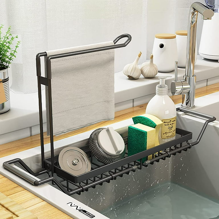 Fozuanei Sponge Holder for Kitchen Sink Expandable Sink Caddy Organizer with Dishcloth Towel Holder Telescopic Stainless Steel Sink Rack Adjustable Drain