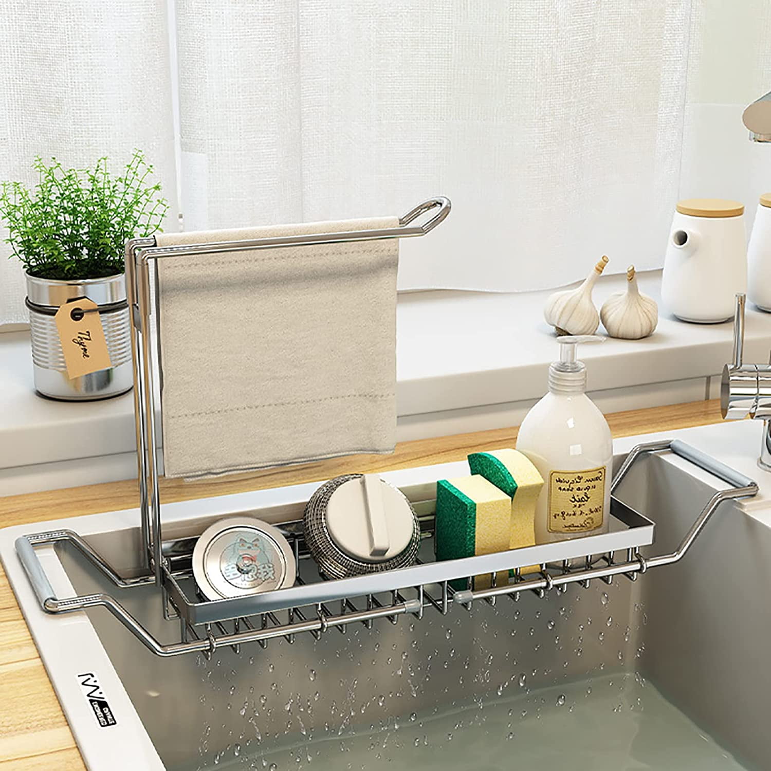 amazingfashion Adjustable Kitchen Sink Caddy Sponge Holder, Removable Rubber Hanging Sink Caddy Brush Holder, for Kitchen Storage, Flexible Sink Rack Dish Drainer