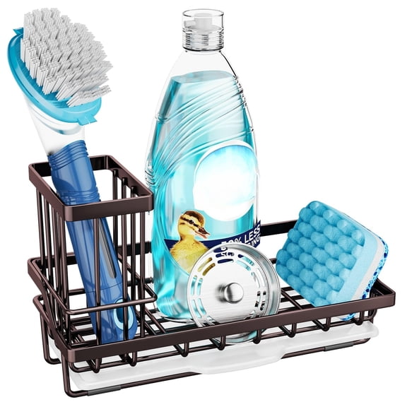 Sponge Holder for Kitchen Sink - Kitchen Sink Caddy Organizer with Removable Drip Tray for Countertop Dish Soap Dispenser Brush Storage Accessories 304 Stainless Steel - Black