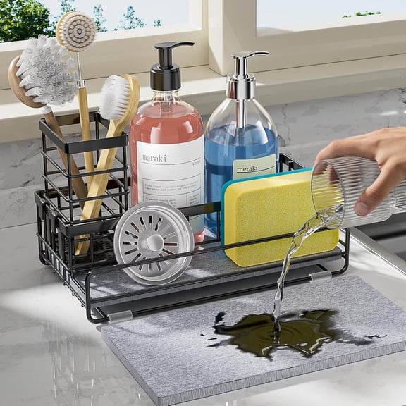 Sponge Holder for Kitchen Sink Organizer - Sink Caddy with Instant Drying Stone, Stainless Steel Sponge Holder for Sponges, Scrubbers, Soap, Home Countertop Organizer