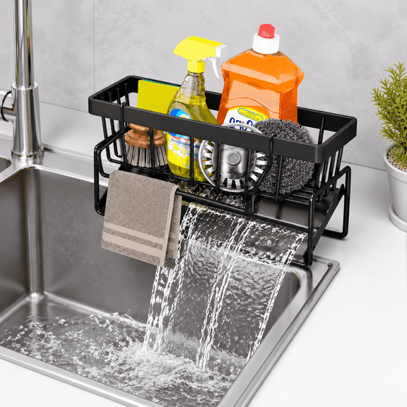 Sponge Holder for Kitchen Sink, Self Drain Kitchen Sink Caddy Organizer, Sponge Holder with Removable Dishcloth Rack, Soap Dispenser Brush Holder Storage for Bathroom and Counter, Black