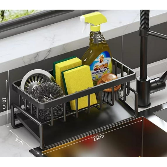 Sponge Holder for Kitchen Sink, Self Drain Rust Resistant Kitchen Sink Organizer with Removable Dishcloth Rack, Soap Dispenser Brush Holder Storage for Bathroom and Counter, Black