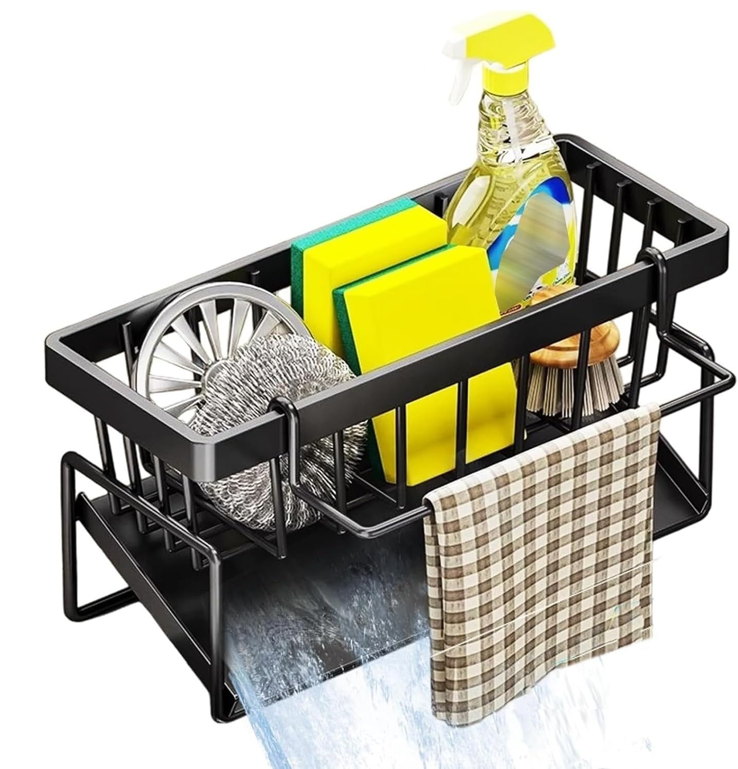 Sponge Holder for Kitchen Sink, Self Drain Rust Resistant Kitchen Sink Organizer with Removable Dishcloth Rack, Soap Dispenser Brush Holder Storage for Bathroom and Counter, Black