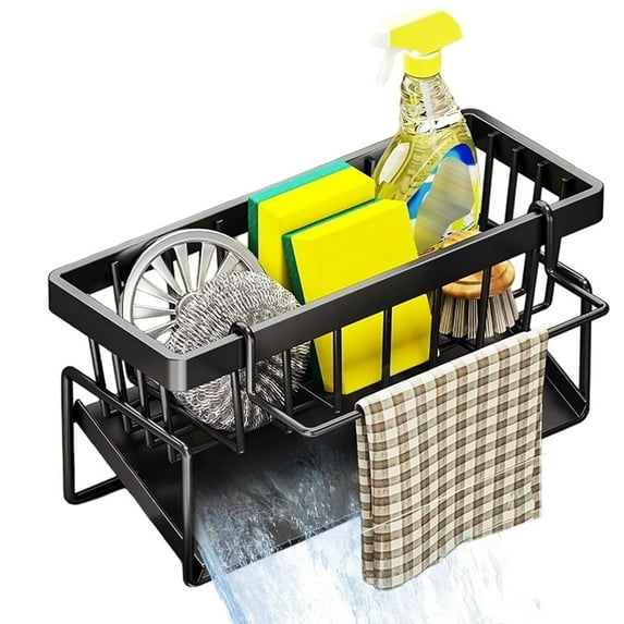 Sponge Holder for Kitchen Sink, Self Drain Rust Resistant Kitchen Sink Organizer with Removable Dishcloth Rack, Soap Dispenser Brush Holder Storage for Bathroom and Counter, Black