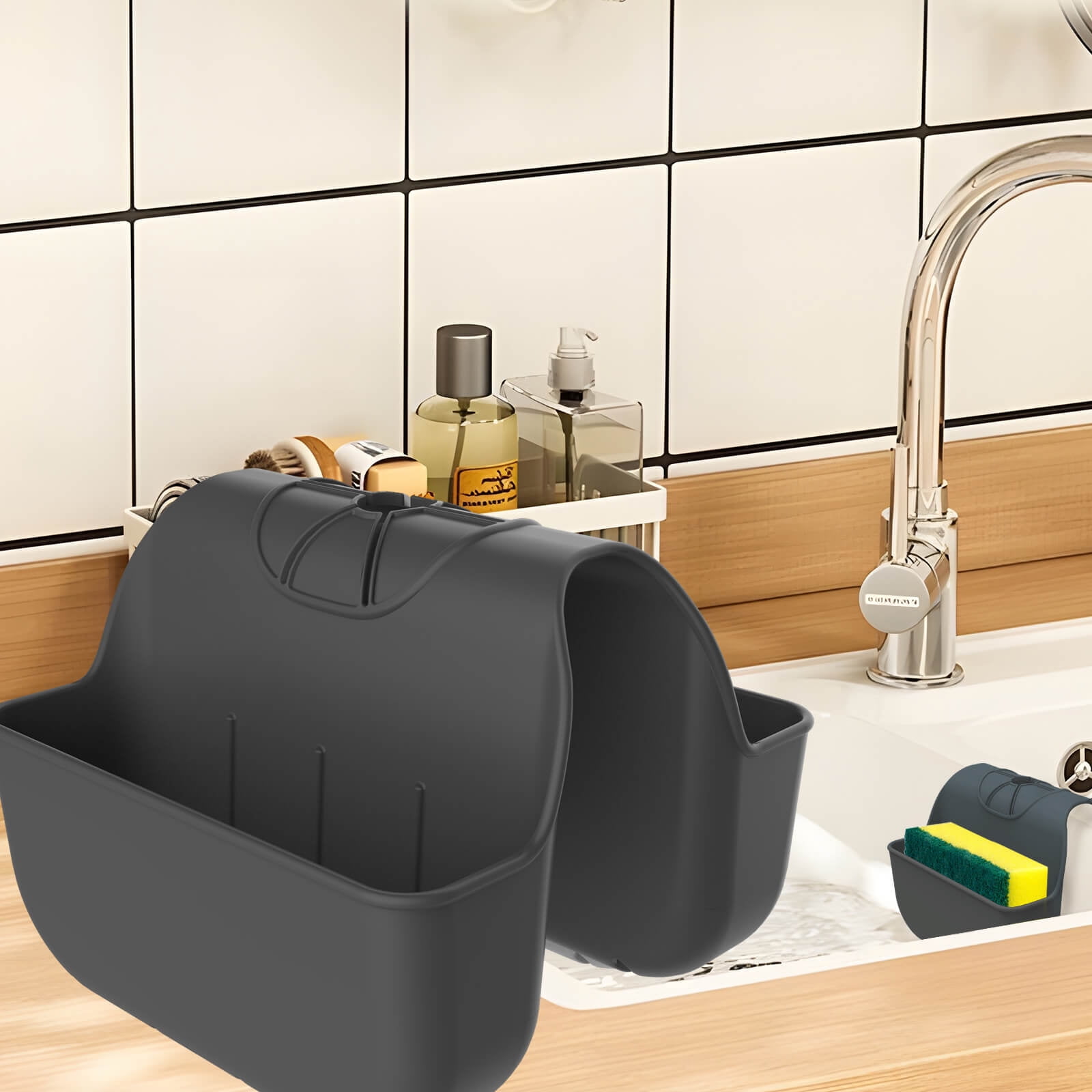 Sponge Holder for Kitchen Sink, Silicone Sink Saddle Caddy Organizer ...