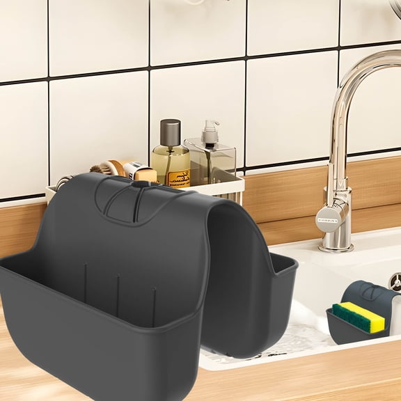 Sponge Holder for Kitchen Sink, Silicone Sink Saddle Caddy Organizer Rack, Sponges Holder Over Faucet, Hanging Kitchen Sink Organizer Accessories Rack Basket Black