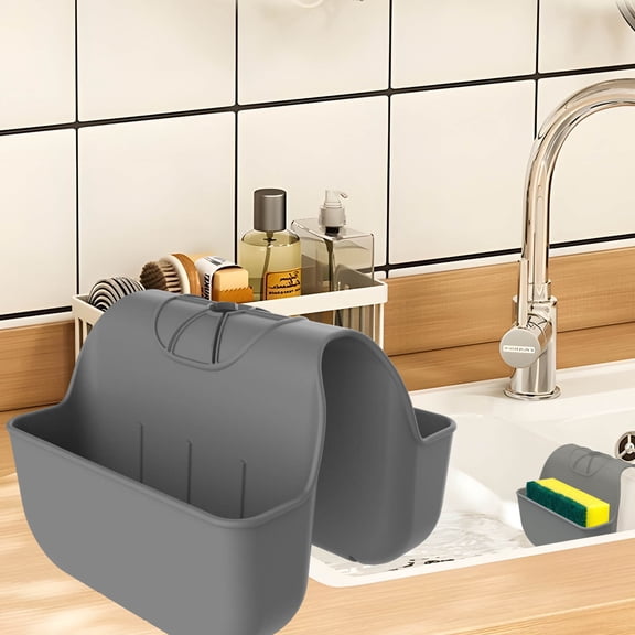 Sponge Holder for Kitchen Sink, Silicone Sink Saddle Caddy Organizer Rack, Sponges Holder Over Faucet, Hanging Kitchen Sink Organizer Accessories Rack Basket Dark Gray