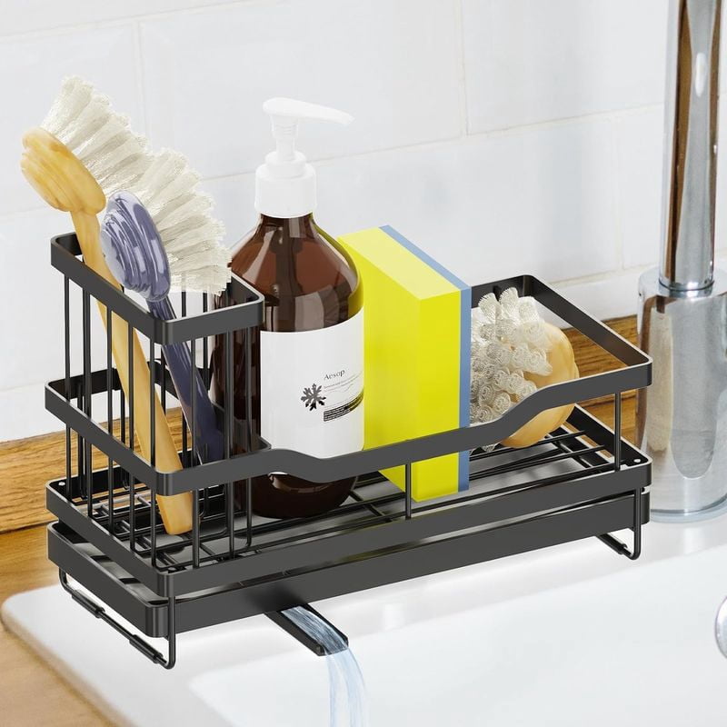 Kitchen Sink Sponge Holder – Rustproof Caddy With Slope Drain & Storage For Soap, Brushes | Countertop Organizer