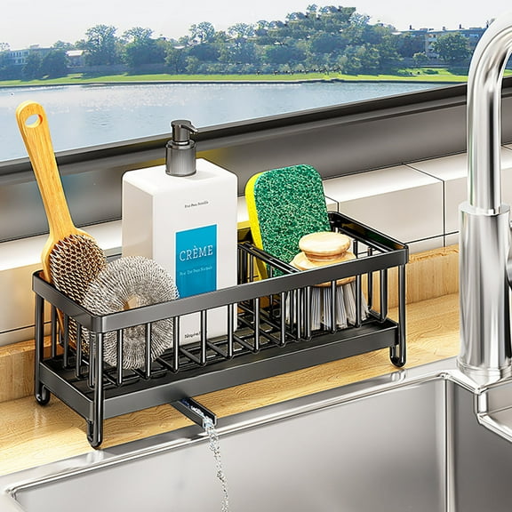 Sponge Holder for Kitchen Sink, Sink Caddy with High Brush Holder, Organzier Rustproof 304 Stainless Steel Dish Organizer Divider, Soap Dispenser Storage