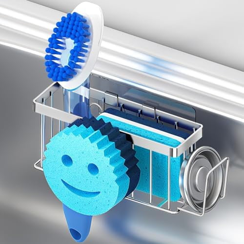 Sponge Holder for Kitchen Sink,Sink Caddy Smiley Face,4-in-1 Sponge Holder with Suction Cups & 1 PCS Adhesive Strips for Holding Soap,Brush,Scrubber,Sponge,Stopper-Silver