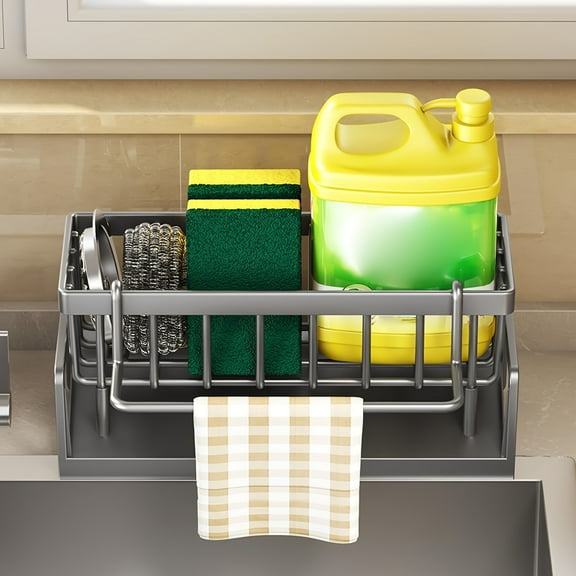 Sponge Holder for Kitchen Sink, Sink Drain Rack Sponge Storage, Sink Organizer Sponge Holder, Kitchen Counter Organizer with Drip Tray, for Kitchen, Bathroom (Grey)