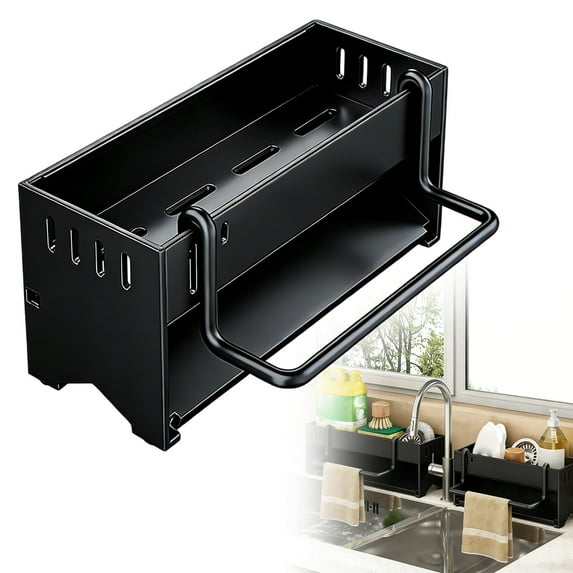 Sponge Holder for Kitchen Sink, Space-Saving Sink Caddy with Brush Holder, Kitchen Countertop Organizers and Storage Essentials, Rustproof & Slip Resistant, A