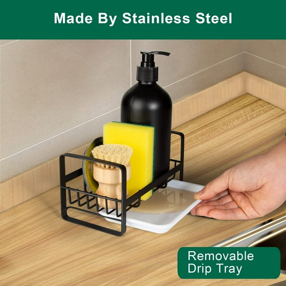 Sponge Holder for Kitchen Sink- Stainless Steel Kitchen Sink Caddy for Organizing Sponge, Brush & Soap Dish Dispenser, Kitchen Sink Organizer Rack with Adhesive or Counter top, Black