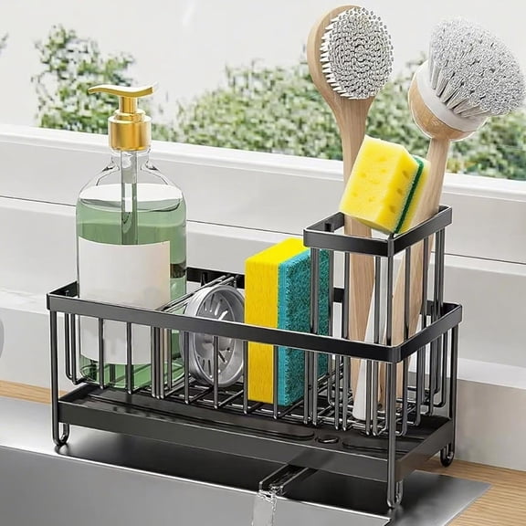 Sponge Holder for Kitchen Sink Stainless Steel Sink Caddy Organizer with Brush Holder, Rustproof 304 Stainless Steel Countertop Storage for Soap Dispenser, Soap, Sponge, Dish Brush
