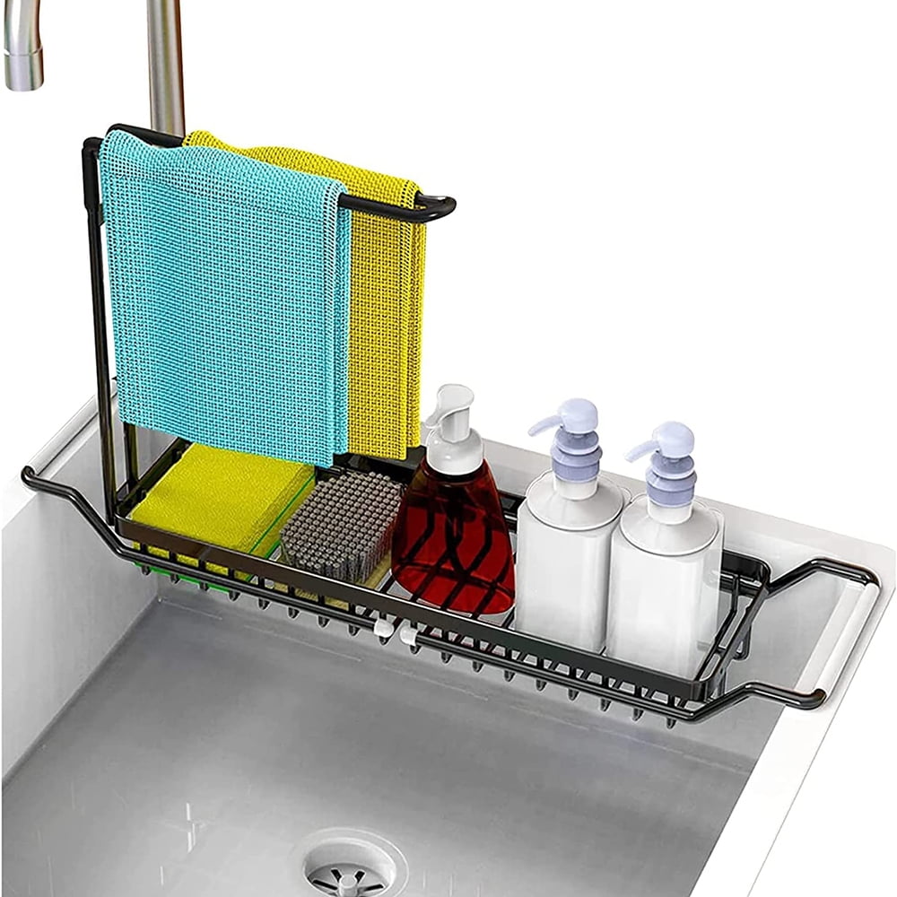 Sponge Holder for Kitchen Sink Stainless Steel Telescopic Sink Caddy Organizers Sponge Dish Brush Soap Dispenser Holder with Dishcloth Towel Drying Rack Expandable Walmart