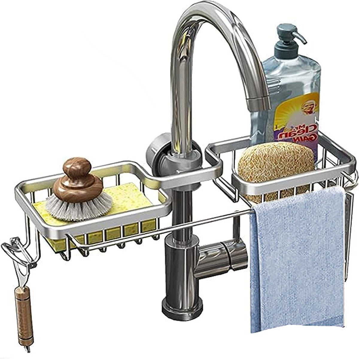 Sponge Holder Over Faucet Kitchen Sink Caddy Organizer, space aluminum