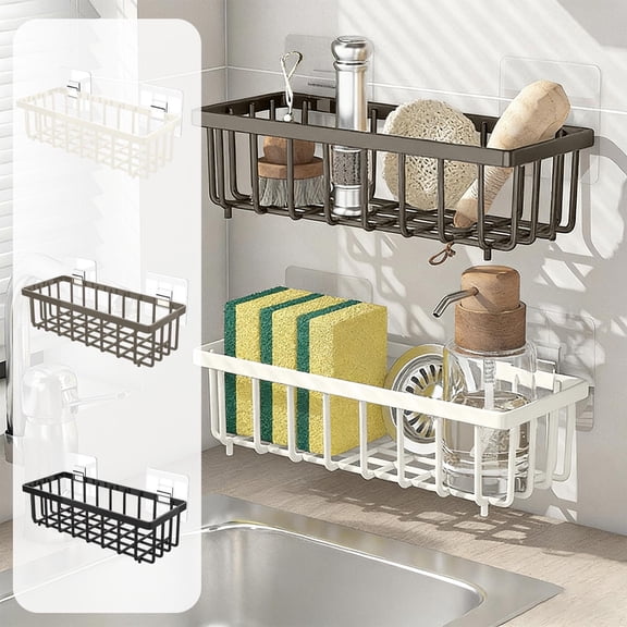 Sponge Holder Sink Caddy with Auto Drain Tray, Gray Plastic Kitchen Organizer for Soap and Brushes, Towel Hanging Rod, Non-slip Countertop Drying Rack, Topliu