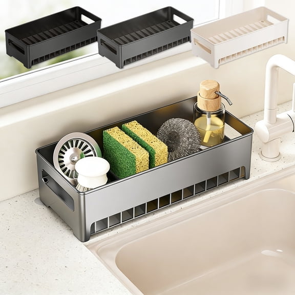 Sponge Holder Sink Caddy, Black Plastic Kitchen Organizer for Soap Dispenser and Brushes with Drainage Holes, Countertop Cleaning Tool Storage Rack, Topliu