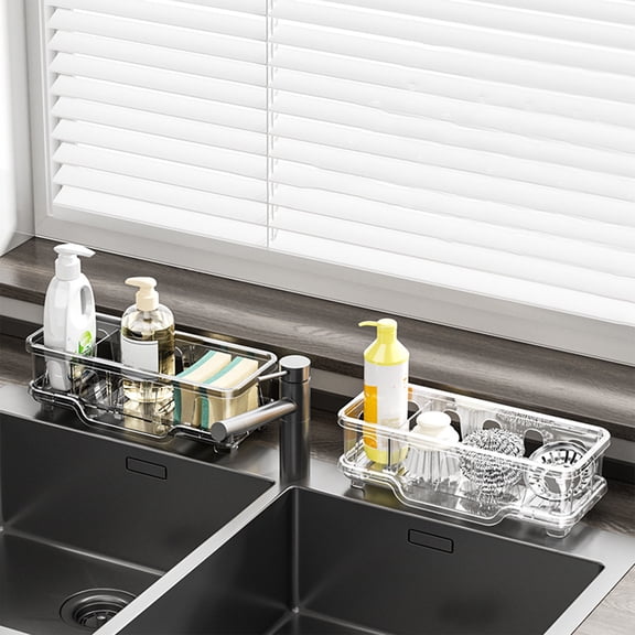 Sponge Holder Sink Caddy, Compact Kitchen Organizer with Ventilated Drainage for Soap and Brushes, Stylish Bathroom Countertop Storage Tool in Modern Black, Topliu