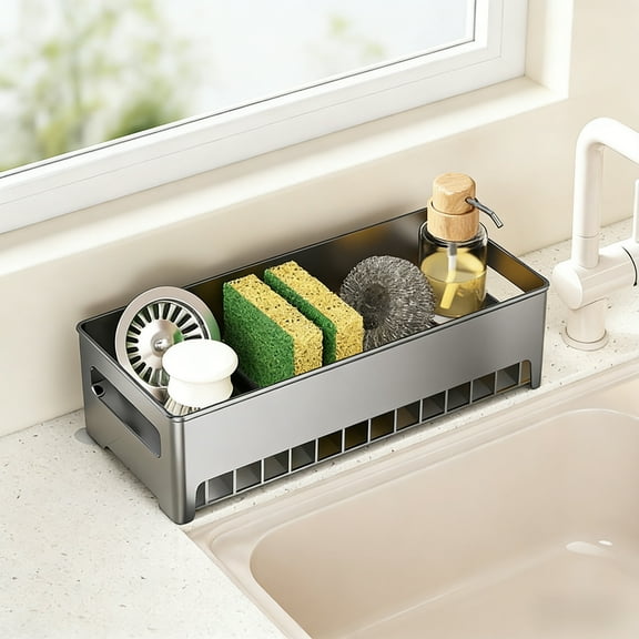 Sponge Holder Sink Caddy, Plastic Kitchen Soap Dispenser Organizer with Drainage Holes, Countertop Cleaning Tool Storage Rack for Brushes and Bottles