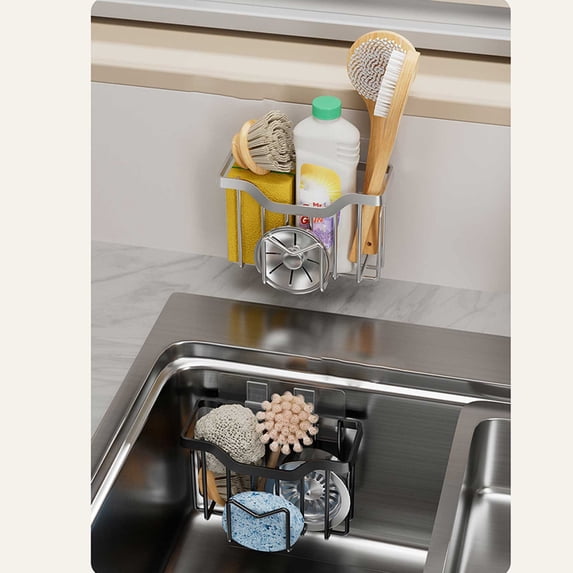Sponge Holder Sink Caddy - Stainless Steel, M-Shaped Hooks, Rust-Proof Drainage Organizer, Space-Saving Kitchen Sink Divider Mount