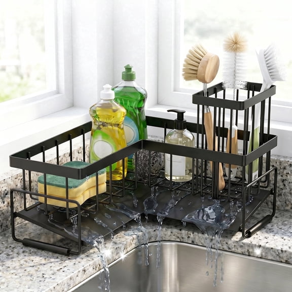 Sponge Holder for Kitchen Sink, 90 Degree Corner Sink Caddy Organizer with Removable Drain Tray, Rustproof Carbon Steel for Countertop Corner
