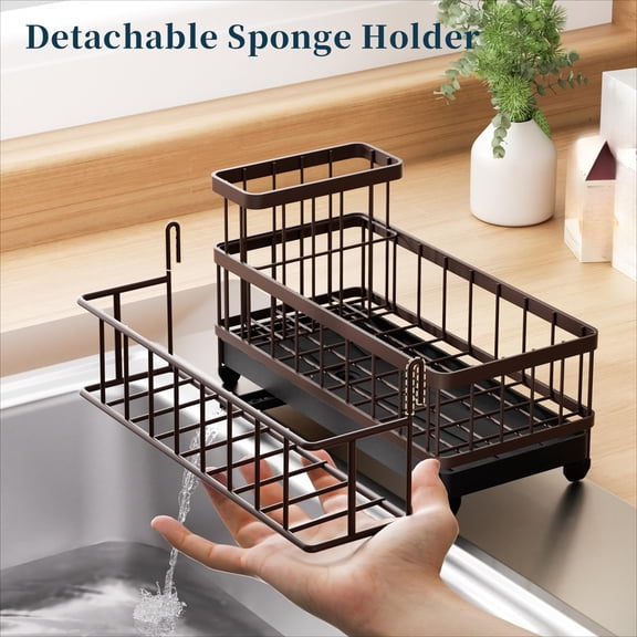 Sponge Holder for Kitchen Sink - Auto Draining Sink Caddy Organizer with Detachable Rack, High Brush Holder, Kitchen Countertop Storage Accessories