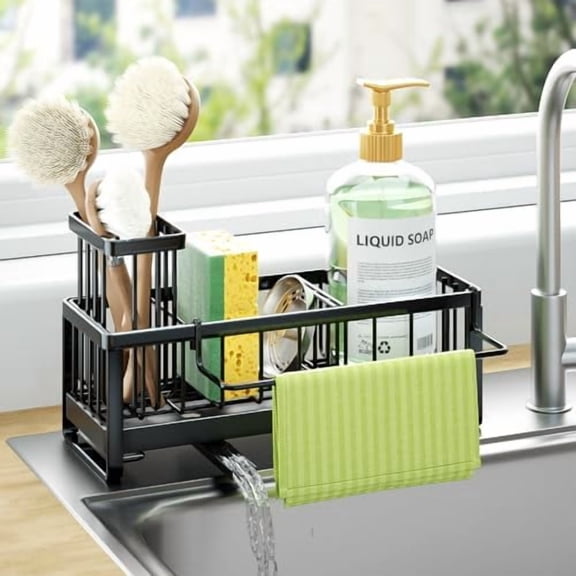 Sponge Holder for Kitchen Sink - Self-draining Sink Caddy with Brush and Dishcloth Holders, Stainless Steel Kitchen Organizer for Countertop - Black