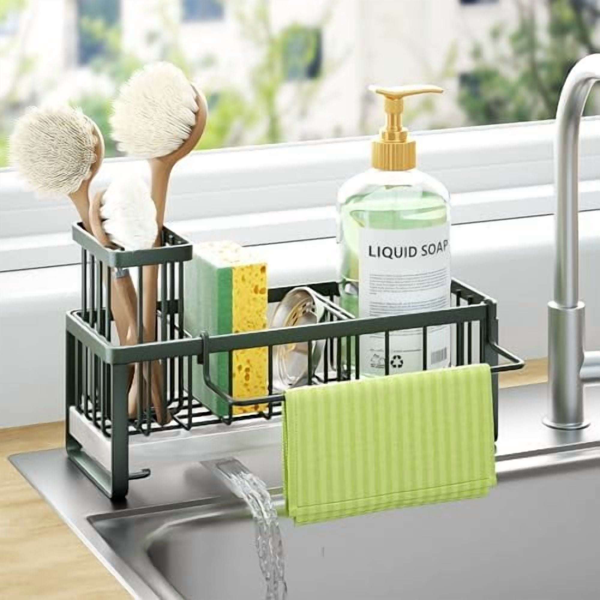 Sponge Holder for Kitchen Sink - Self-draining Sink Caddy with Brush and Dishcloth Holders, Stainless Steel Kitchen Organizer for Countertop - Green