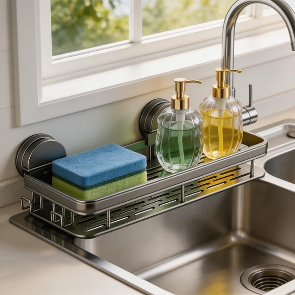 GARITIN Sink Caddy, Wall Mount Kitchen Sink Organizer, Sponge Dish Brush Holder with Suction Cup for Sponges, Soap, and Rags, No-Drilling