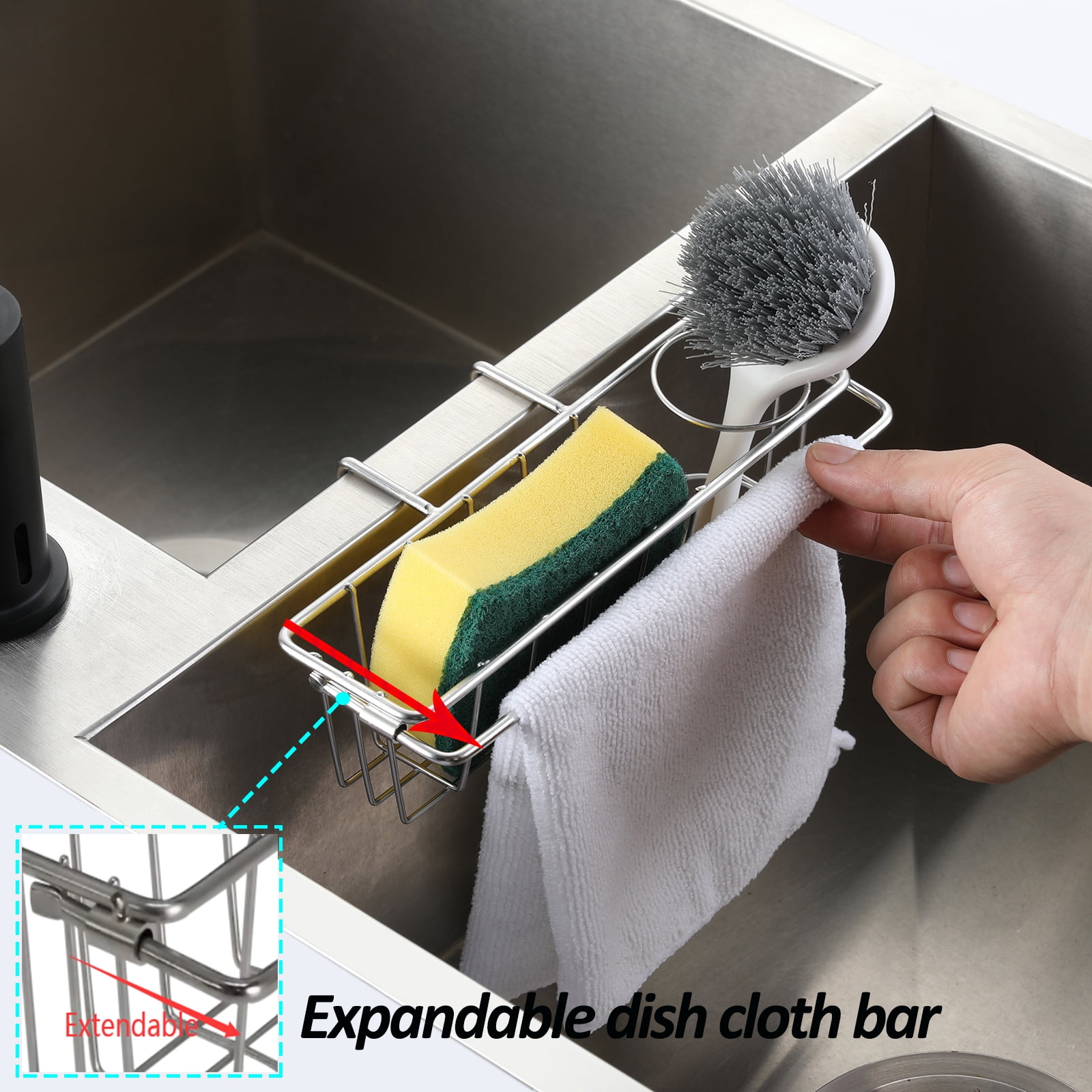 HUMUTA 3 in 1 sponge holder for kitchen sink, stainless steel in