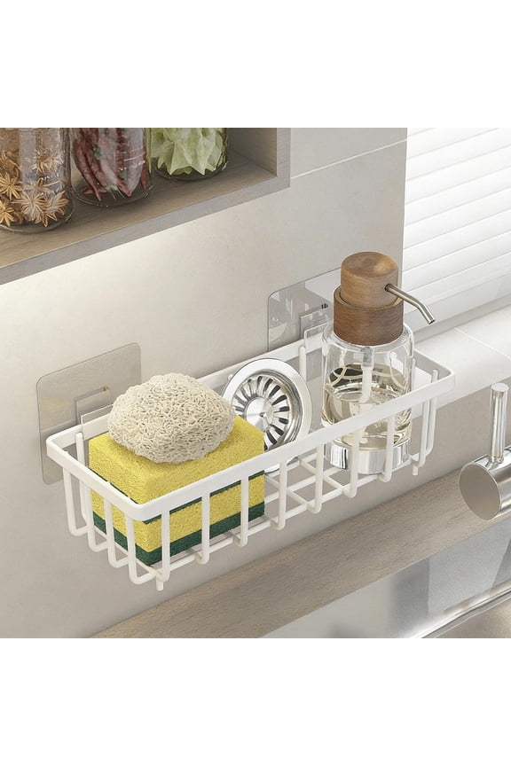 Sponge Kitchen Sink Caddy Organizer With Auto Draining Tray,Multi-Purpose Sink Storage For Sponge Soap Brushes And Towels,Perfect For Kitchen Countertop Organization And Cleanliness-White