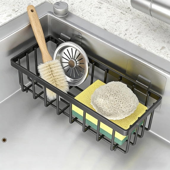 Sponge Kitchen Sink Caddy Organizer With Auto Draining Tray,Multi-Purpose Sink Storage For Sponge Soap Brushes And Towels,Perfect For Kitchen Countertop Organization And Cleanliness-Black