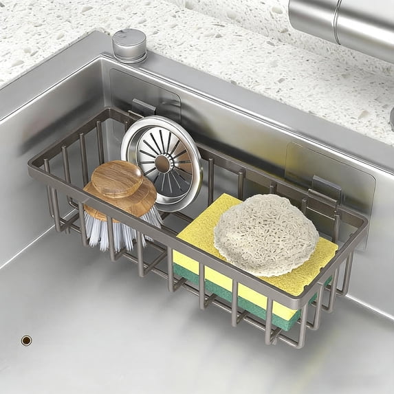 Sponge Kitchen Sink Caddy Organizer With Auto Draining Tray,Multi-Purpose Sink Storage For Sponge Soap Brushes And Towels,Perfect For Kitchen Countertop Organization And Cleanliness-Gray
