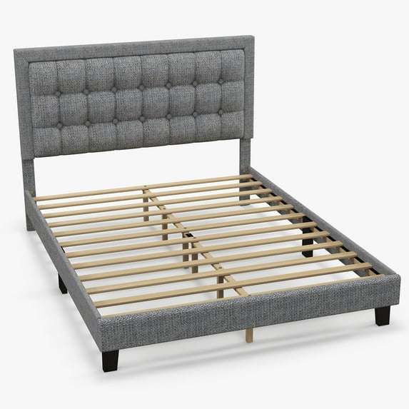 Sponge Linen Bed, Double Bed Frame with Checkered Adjustable Headboard, Platform Bed Frame, Modern Style Bed,Mattress Base with Wooden Slat Supports, No Box Spring Required Easy Assemble, Queen, Gray