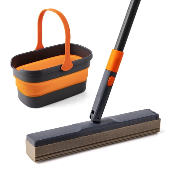 Sponge Mop Kit with Collapsible Bucket, HandsFree Floor Cleaning System, Builtin Wringer, Adjustable Foldable Bucket, Portable Mop Bucket Set for Home Floor Cleaning
