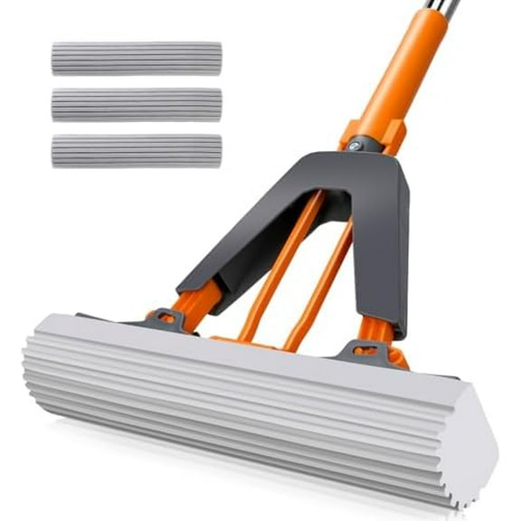 Sponge Mop, PVA Squeeze Mop with 3 Absorbent Mop Refills,Sponge Mops for Floor Cleaning,Easy Squeeze Roller Mops for Kitchen Bathroom Office