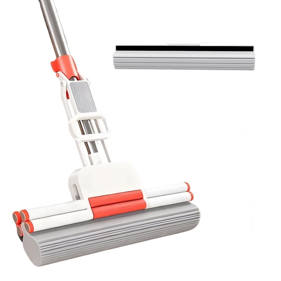 Sponge Mop PVA Thickened Stainless Steel No-Swivel Design for Deep Cleaning Includes 1 Frame and 2 Extra Refill Heads Suitable Tiles Floors Bathrooms Home Use 15 Inch