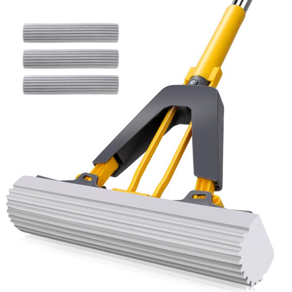 Sponge Mop,Roller Sponge Mop with 3 Absorbent PVA Mop Refills,Self Squeeze Sponge Mops and Stainless Steel Handle,PVA Sponge Mops for Floor Cleaning