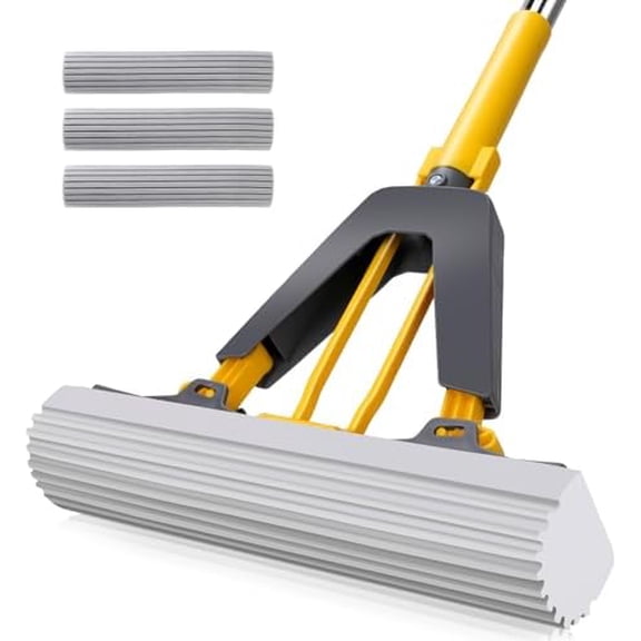 Sponge Mop,Roller Sponge Mop with 3 Absorbent PVA Mop Refills,Self Squeeze Sponge Mops and Stainless Steel Handle,PVA Sponge Mops for Floor Cleaning