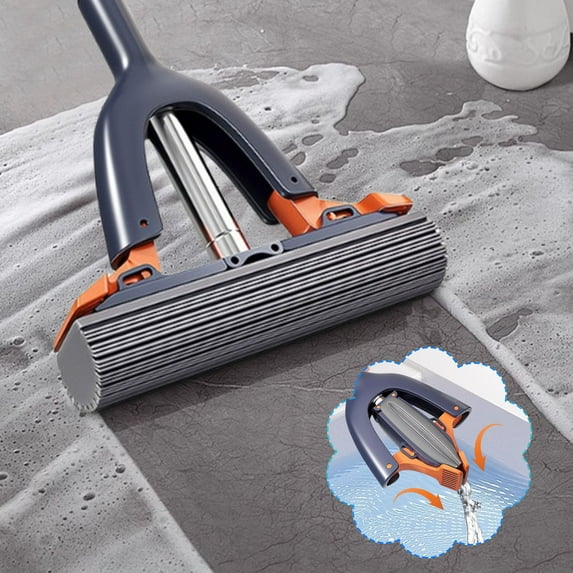 Sponge Mop Roller Type | Thickened Foldable Squeezing Water Rubber Mop | Built-In Scrubbing Brush | Highly Absorbent Head | For Tile Wood Laminate Floors | 1 Mop + 2 Brushes