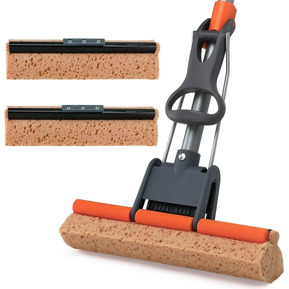 Sponge Mops for Floor Cleaning with 2 Cellulose Mop Head Refills and 55 Long Handle, Heavy Duty Roller Mop, Easy Self Squeeze for Hard Wood Tile Concrete Bathroom or Kitchen Floor Wall Ceiling