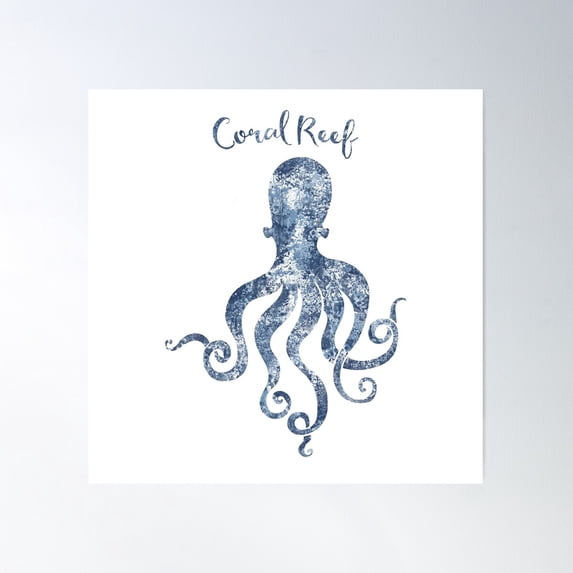 Sponge Painted Octopus Coral Reef Habitat, Delft Blue Nautical Art Poster Wall Art, Modern Wall Decor For Living Room Bedroom, 16X16 UNFRAMED