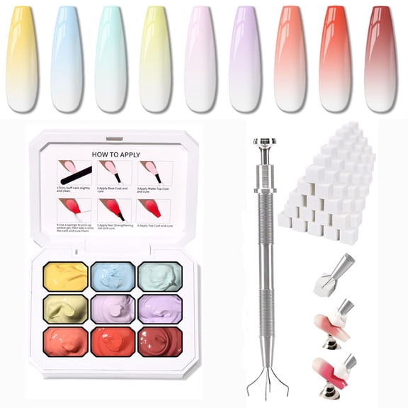 Sponge Pat Paint Nail Gel, 9 Colors Ombre Patting Gel Nail Polish Palette, 100 Sponges  1Grabber, Blending Color Gradient Painting Nails Art, No Wipe, UV/LED Cured