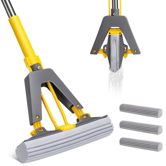 Sponge Roller Mop Yellow-grey With 3 Absorbent Refills For Home Floor Cleaning
